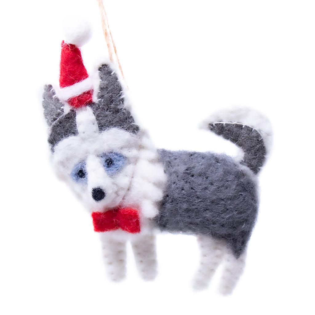 Husky Santa Handmade Felt Ornaments, Set of 2