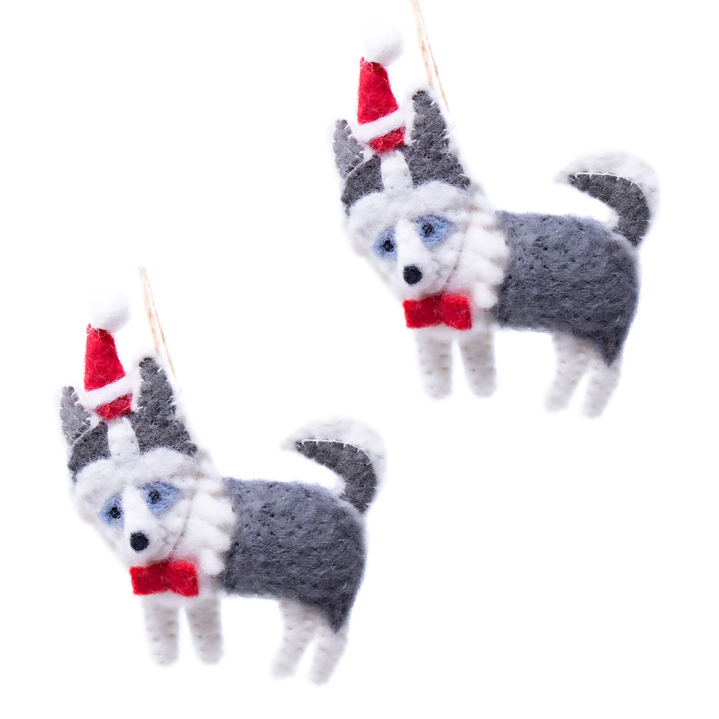 Husky Santa Handmade Felt Ornaments, Set of 2