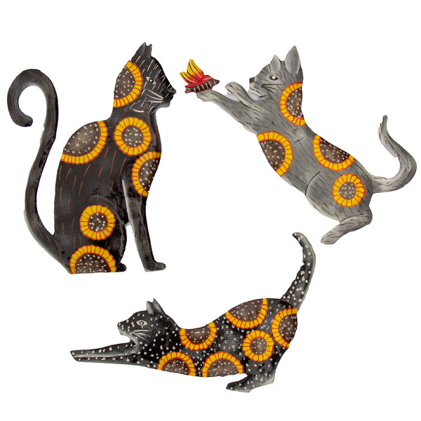 Playful Cat Trio Painted with Sunflowers Haitian Steel Drum Wall Art