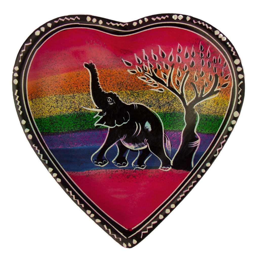 Set of African Soapstone Hand-painted Heart Trinket Dishes with Rainbow Safari Painting