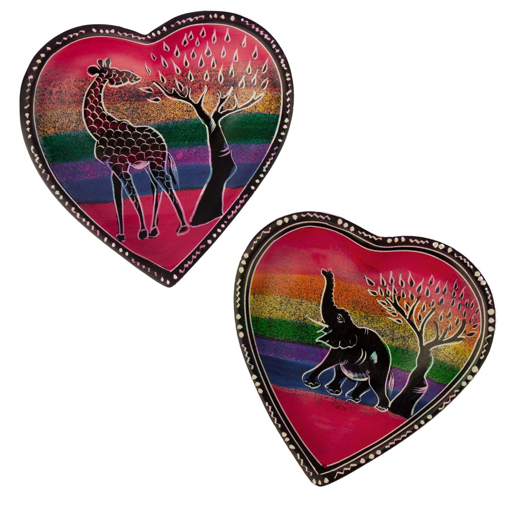 Set of African Soapstone Hand-painted Heart Trinket Dishes with Rainbow Safari Painting