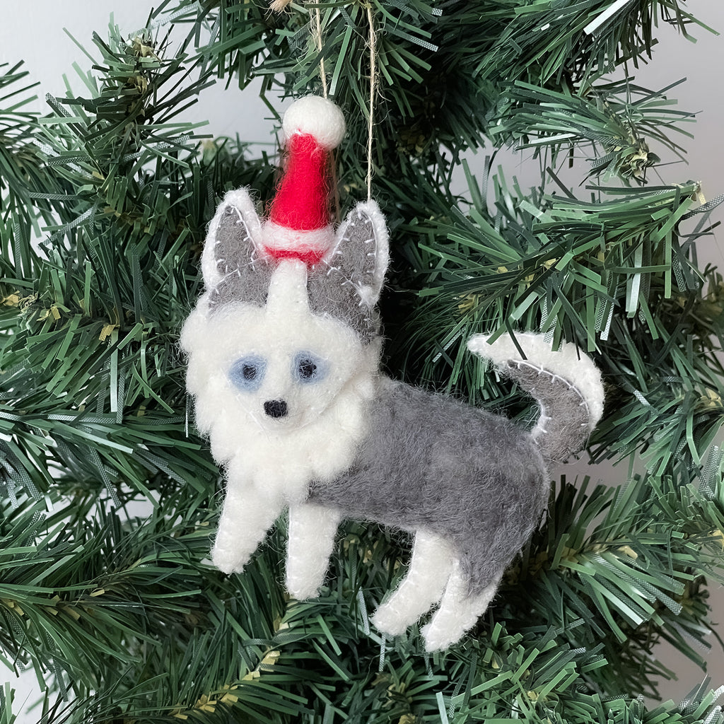 Husky Santa Handmade Felt Ornaments, Set of 2