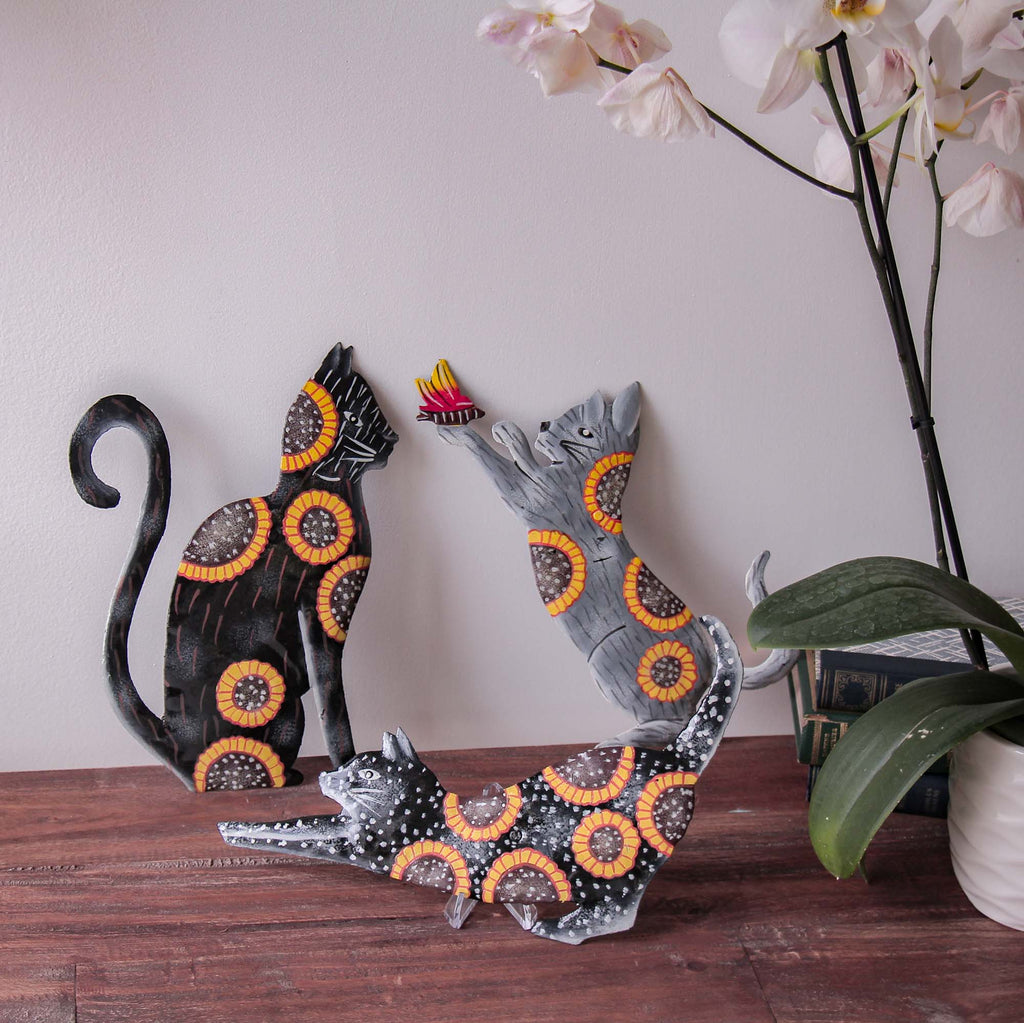 Playful Cat Trio Painted with Sunflowers Haitian Steel Drum Wall Art