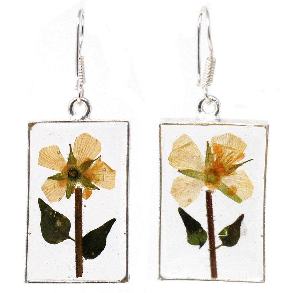 Pressed Yellow Flower Rectangle Dangle Earrings